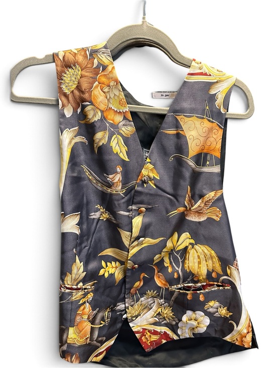 Salvatore Ferragamo Tops - Salvatore Ferragamo Charcoal Satin Sleeveless Top with Gold and Tan Scenic Print